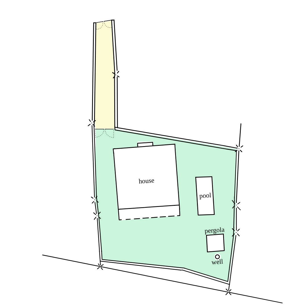 Site plan of the property with the house, pool, pergola and well